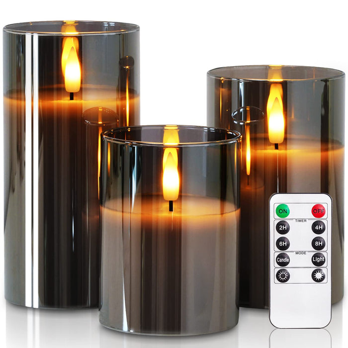 Homemory Grey Glass Flameless Candles, Real Wax, Remote Timer, 3 Pack