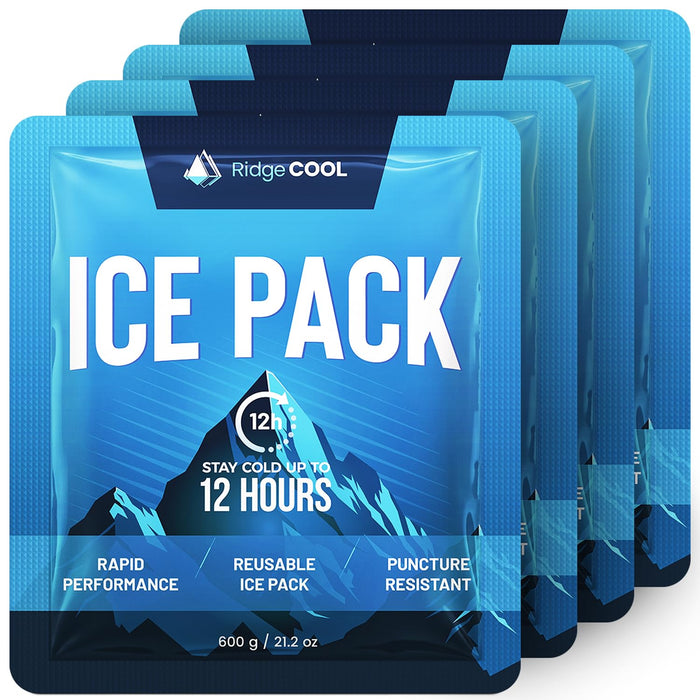RIDGECOOL 4 Pack Large Reusable Ice Packs for Coolers, Long Lasting Freezer Packs for Cooler Bags and Insulated Totes, Leakproof, BPA-Free, Food Safe