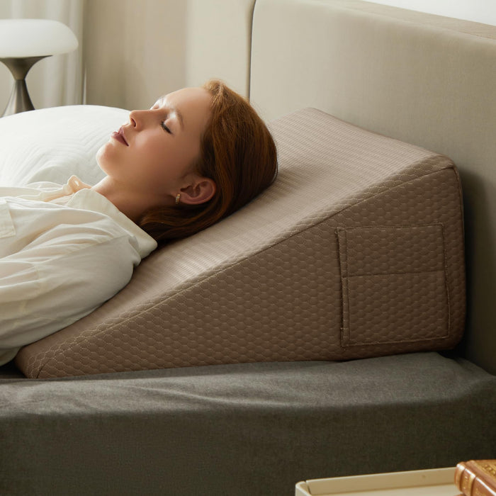 Bedluxe Wedge Pillow for Sleeping, 12 inch Elevated Support Bed Wedge Pillow, Breathable Triangle Pillow Wedge with Cooling Memory Foam Top - Removable Washable Cover, Coffee