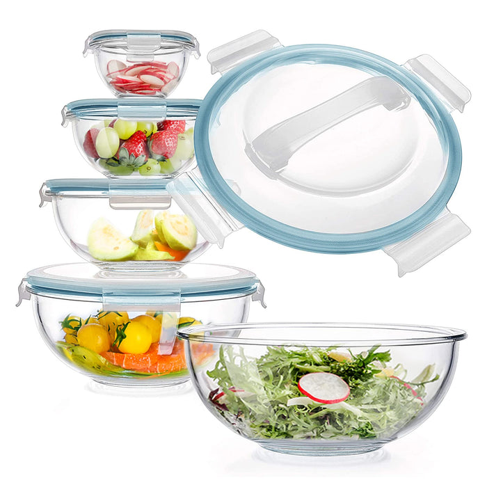 WhiteRhino Glass Mixing Bowl with Lids Set of 5, 0.2, 0.5, 1.1, 2.1, 3.75 QT, Large Salad Bowls with BPA-Free Lids, Space-Saving Nesting Bowls for Kitchen Food Storage, Glass bowl for Cooking, Baking