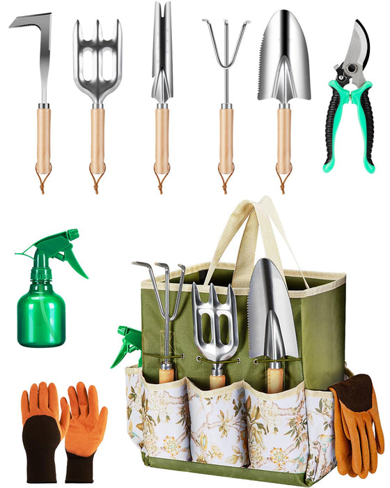 9-Piece Premium Gardening Tool Set for Women - Heavy Duty Stainless Steel Rust-Proof Tools with Fashion Storage Tote | Perfect Gardening Gifts for Mom, Mother's Day, Birthday & Outdoor (Green)
