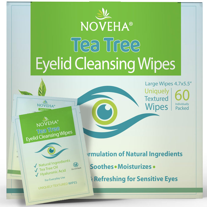 NOVEHA 60PCs Tea Tree Oil Eyelid & Lash Wipes | With Hyaluronic Acid, Green Tea & Chamomile, Individually Wrapped, Natural Eyelash Makeup Remover & Daily Cleanser