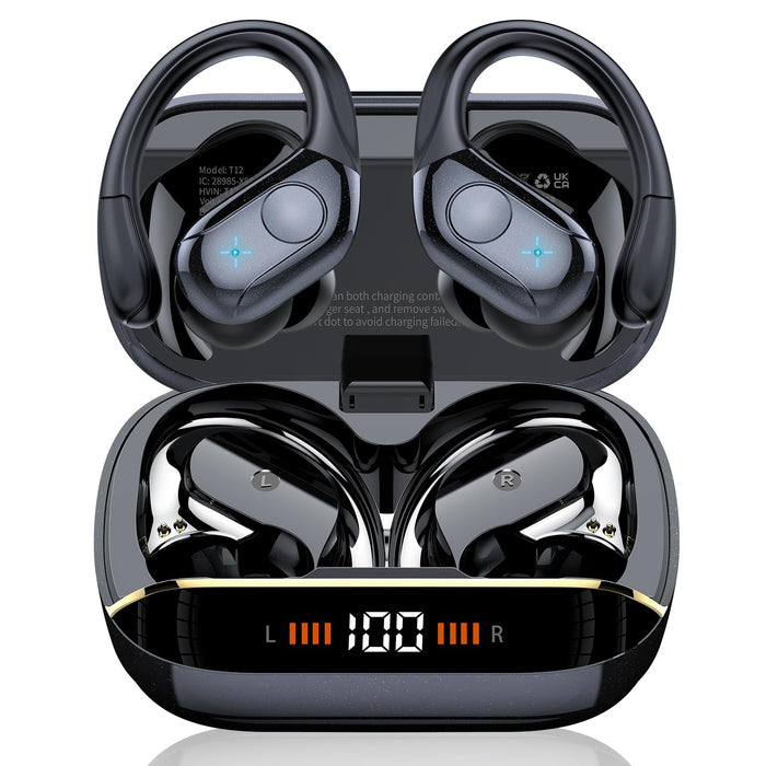 Wireless Earbuds Bluetooth 5.4 Headphones 75H Playtime Stereo Deep Bass Sports Ear Buds with Earhooks, LED Display Bluetooth Earbuds with 4 ENC Mic, IP7 Waterproof Earphone for Workout/Running, Black