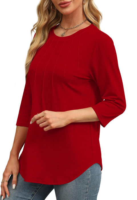 XIEERDUO 3/4 Length Sleeve Womens Tops Dressy Casual Crewneck Pleated Tunic Tops Loose Fit Christmas Red XL