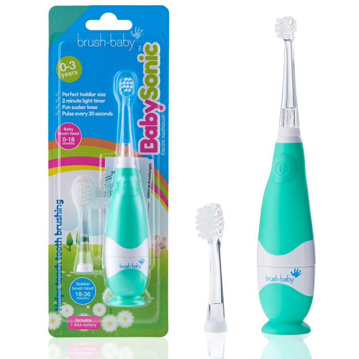 brush-baby BabySonic Infant and Toddler Electric Toothbrush for Ages 0-3 Years - Smart LED Timer and Gentle Vibration Provide a Fun Brushing Experience - includes 2 Sensitive Brush Heads (Teal)