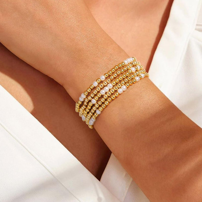 jollone Gold Bracelets for Women Gold Bracelet Stack Gold Beaded Bracelets Pearl Bracelets for Women Girls 14K Gold Plated Stretch Bead Ball Bracelet Sets Jewelry for Christmas Birthday Gifts