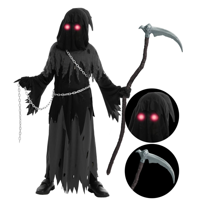 Spooktacular Creations Glowing Eyes Grim Reaper Costume for Kids, Halloween Costume for Boys, Halloween, Dress-up Party