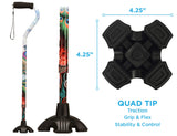 NOVA Sugarcane, Walking Cane with All Terrain Rubber Quad Tip Base and Carrying Strap, Proud Peacock Design