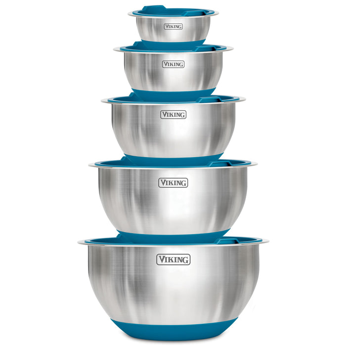 Viking Mixing Bowls Set, 10 Piece Stainless Steel Kitchen Cookware, Non-Slip Silicone Base, Includes Airtight Lids, Dishwasher Safe, Blue