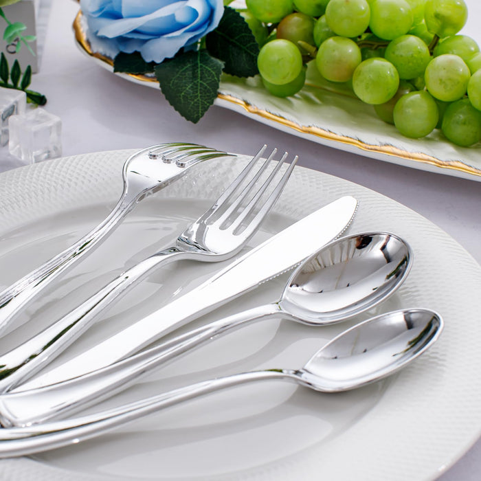 WDF 500PCS Silver Plastic Silverware - Silver Cutlery Plastic Silver Utensils - 250 Silver Forks, 125 Silver Spoons, 125 Silver Knives, Heavy Duty Plastic Silverware Sets For Parties, Wedding