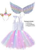 LED Lighted Up Unicorn Princess Party Decorations Girls Halloween Costumes for 7t 8t Kids Fairy Sequin Dress Birthday Christmas Party Outfits Tutu Gift with Headband and Wings 7 - 8 Year Old Pink