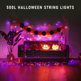 Dazzle Bright 164 FT 500 LED Halloween String Lights, Waterproof Halloween String Lights Black Wire with 8 Modes, Outdoor Halloween Decorations for Indoor Party Yard Wedding Decor, Purple & Orange