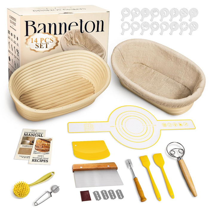 BAVIFY 10 Inch Oval Banneton Bread Proofing Basket Sourdough Starter Kit, Sourdough Bread Baking Supplies with Bread Lame, Sling, Spatula, Scraper, Dough Whisk
