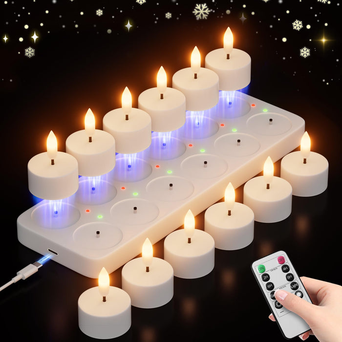 Rechargeable Flameless Tea Lights Candle with Charging Station Remote 12Pcs