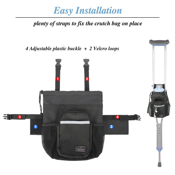 Crutch Bag Lightweight Crutch Accessories Storage Pouch with Reflective Strap and Front Zipper Pocket for Universal Crutch Bag to Keep Item Safety (Large)