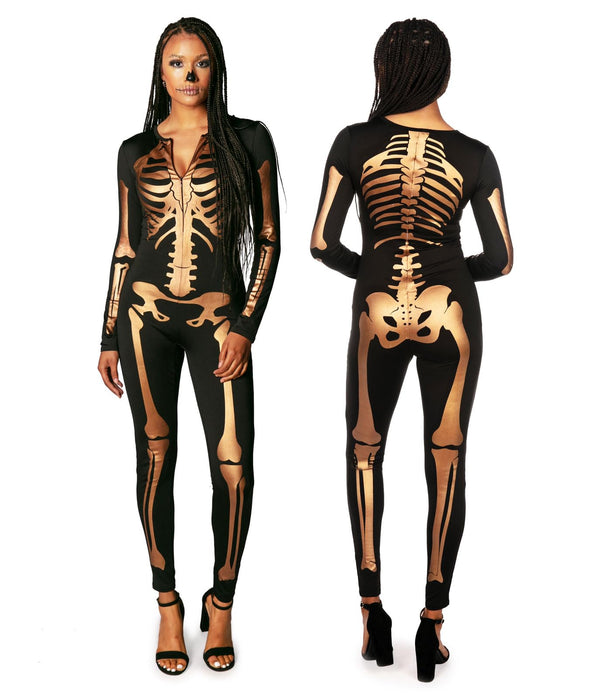 Tipsy Elves Form Fitting & Flattering Skeleton Bodysuits for Halloween - Women's Sexy Skeleton Costume - Women's Gold Skeleton Bodysuit Halloween Costume Size Medium