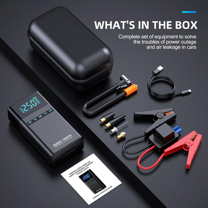 CZKBG 10-in-1 Portable Car Battery Jump Starter with Air Compressor, 6000A 160PSI Portable Car Jumper Starter (All Gas 12L Diesel), 12V Jump Box Car Battery Jump Starter with Jumper Cables, Lights