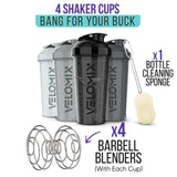 VELOMIX -4 PACK- 28 oz Protein Shaker Bottle for Protein Mixes - 4x Wire Whisk | Leak Proof Shaker Cups for Protein Shakes | Protein Shaker Bottle Pack | Protein Shake Cup