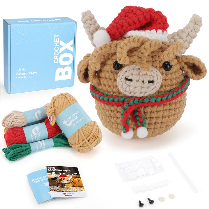 Christmas Crochet Kit for Beginners - Christmas Highland Cow Starters Crochet Kit, Beginners Crocheting Kitting for Adults Kids, Christmas Craft Gifts with Crochets Yarns, Hook, Step-by-Step Video