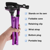 Folding Cane with Led Light, Adjustable Canes for Men and Women, Walking Stick for Elderly with Cushion Handle and Pivoting Quad Base for Hiking Mountain Climbing Backpacker-Purple……