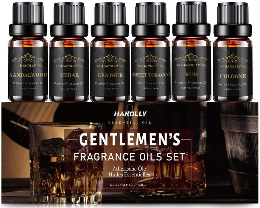 Essential Oils Set, Men Scents Fragrance Oil Aromatherapy Essential Oils Kit for Diffuser (6x10ML) - Sandalwood, Cedar, Leather, Sweet Tobacco, Rum, Cologne Aromatherapy Oils for Men