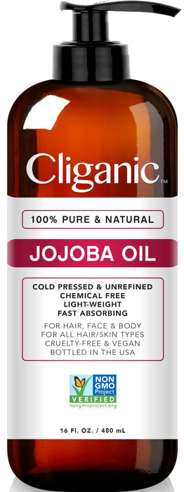 Cliganic Jojoba Oil Non-GMO, Bulk 16oz | 100% Pure, Natural Cold Pressed Unrefined Hexane Free Oil for Hair & Face