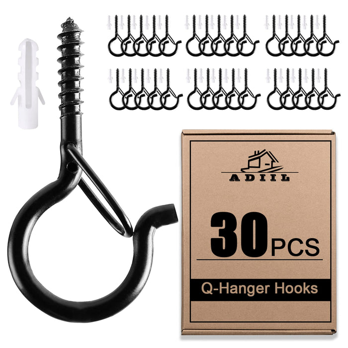 ADIIL 30 PCS Q Hanger Hooks with Safety Buckle, Windproof Screw Hooks for Hanging Outdoor String Lights, Plants, Christmas Patio Lights, 2.2 Inches, Black