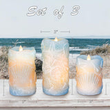 Silverstro Ocean Flameless Candles Remote: Carved Seashell Real Wax Flicker Battery Operated Candles for Home Party Wedding Christmas Nautical Summer Decor - Set of 3(Blue)