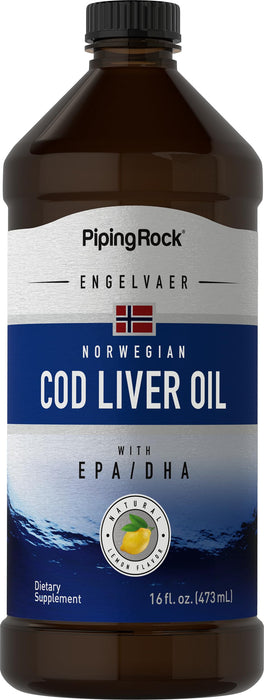Piping Rock Cod Liver Oil Liquid | 16 fl oz | with EPA and DHA | Engelvaer Norwegian | Lemon Flavor | Non GMO, Gluten Free Supplement