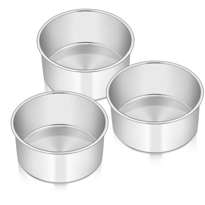 E-far Cake Pans Set of 3, 6 x 3 Inch Stainless Steel Round Cake Baking Pans Tins for Wedding Birthday, Deep Side & Non-toxic, Oven & Dishwasher Safe, Mirror Finish & Straight Side