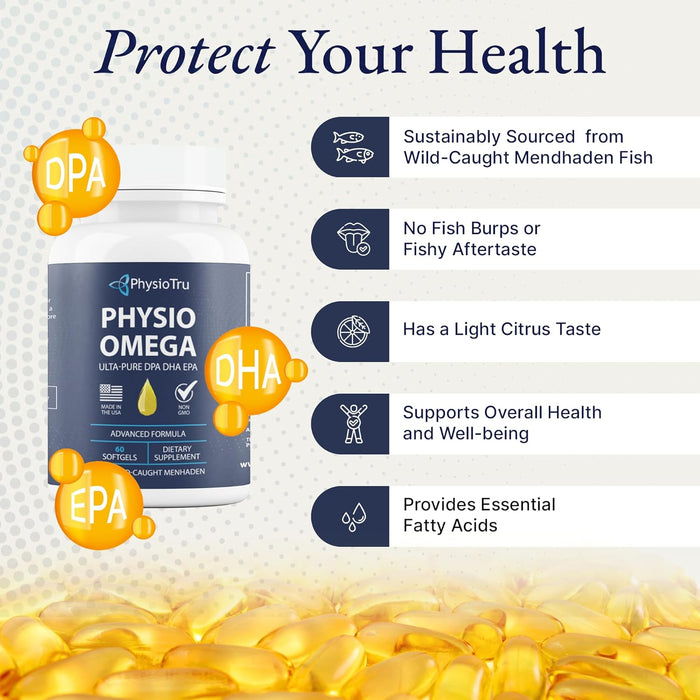 Physio Omega 3 DPA, DHA, EPA Wild Caught Pure Menhaden Fish Oil Supplement, 60 Softgels