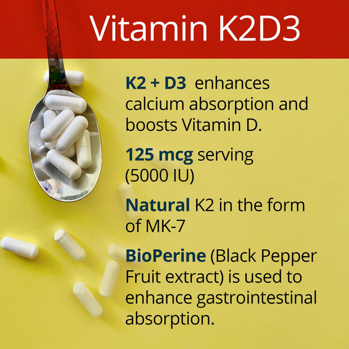 Dr. Boz K2+D3 Capsules [66 Count] with Bioperine® for Best Absorption - Vitamin D Supplement - Vitamin K (MK-7) Supplement - Supports Bone Health & Heart Health