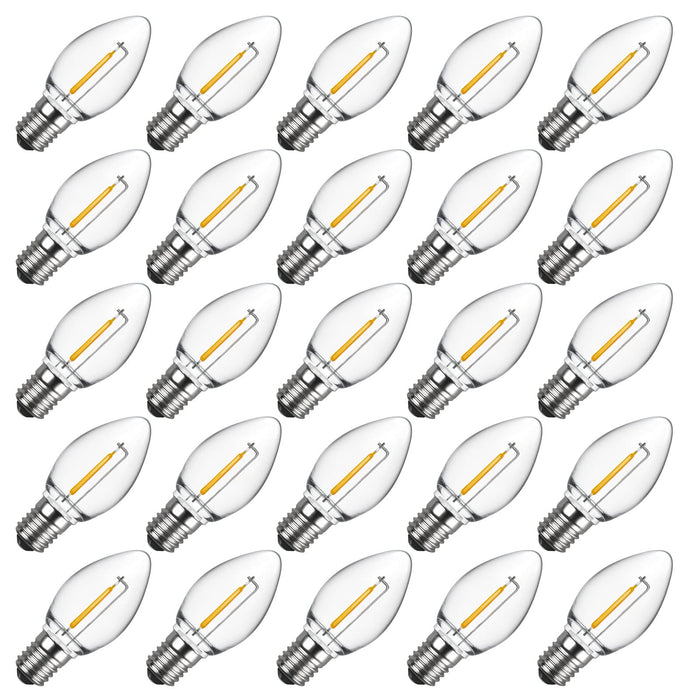 Meconard C7 Led Replacement Christmas Light Bulb, 25 Pack C7 Shatterproof Led Bulbs for Christmas Outdoor String Lights, E12 Candelabra Base, Commercial Grade Holiday Bulbs, Warm White