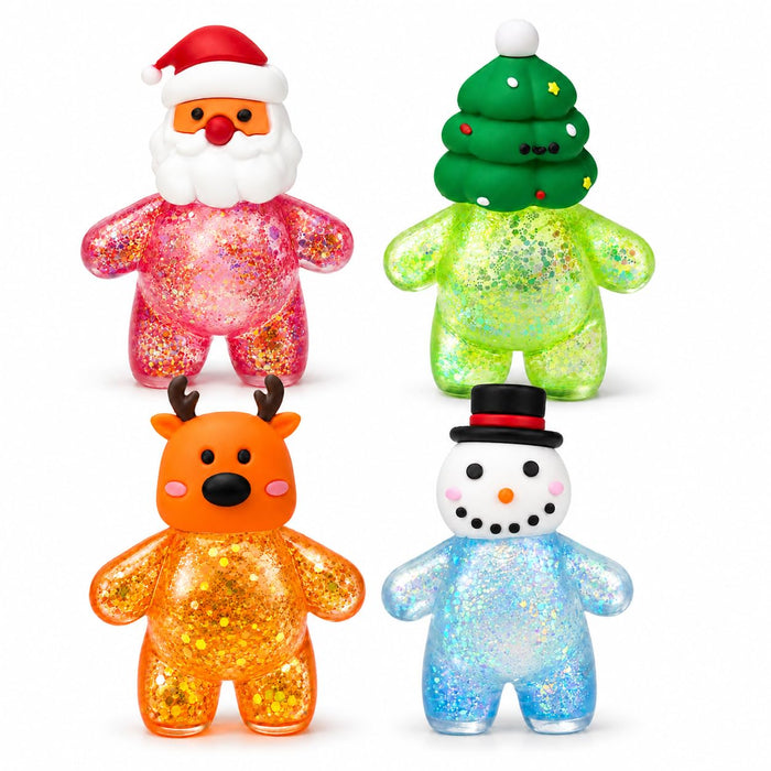 4Pcs Christmas Squishies Toy, Shiny Slow Rising Squeeze Squishy Toys with Soft Body, Fidget Stress Ball, Santa, Snowman,Reindeer,Christmas Tree, Stocking Stuffers, White Elephant Gift for Kids Teens