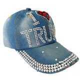 Gamusi Trump 2024 Baseball Cap Denim Distressed Bling Rhinestone Hat USA Flag Cap Adjustable Unisex (I Love Trump)