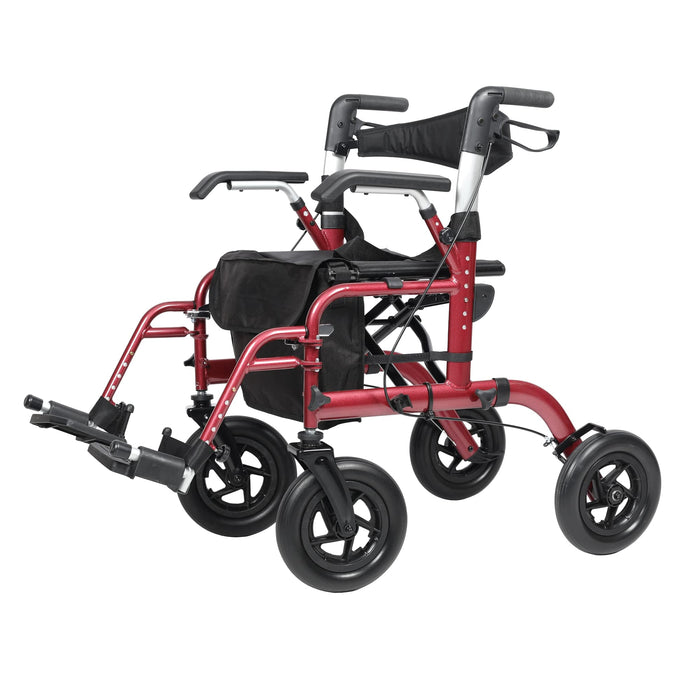 ELENKER All-Terrain 2 in 1 Rollator Walker & Transport Chair, Folding Wheelchair with All 10” Wheels for Seniors, Reversible Backrest & Detachable Footrests, Red