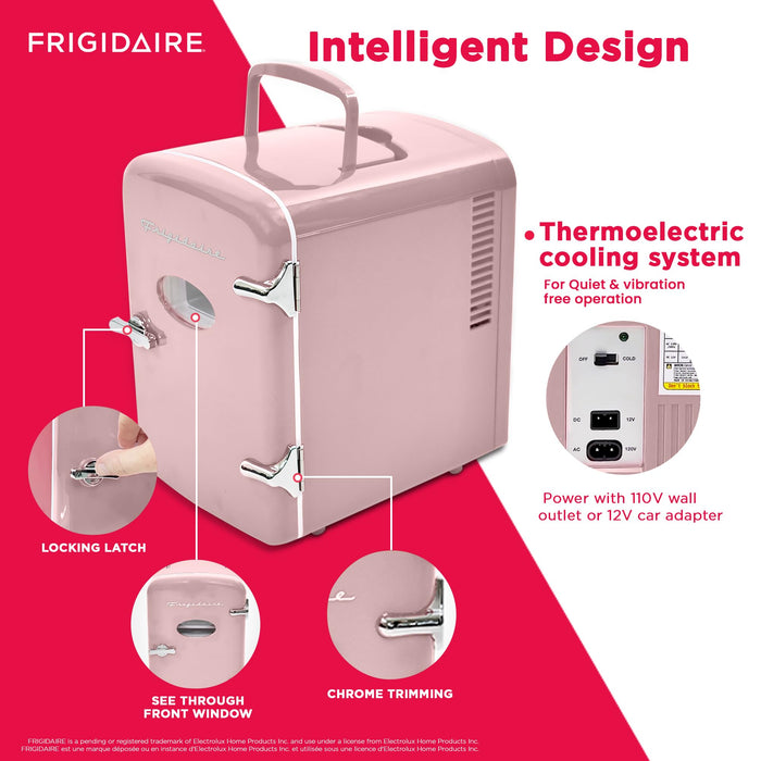 Frigidaire Retro Mini Fridge Cooler, 4L Capacity Chills 6 12oz Cans, 100% Freon-Free & Eco Friendly, Portable Fridge for Car, Office, Bedroom, Dorm Room, or Cabin - 9.84"D x 7.09"W x 10.35"H (Pink)