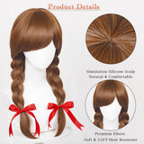 Long Brown Braided Wig for Women Girls with Red Ribbons, Brown Princess Wig with Bangs Pigtails + Wig Cap for Halloween Costume Cosplay