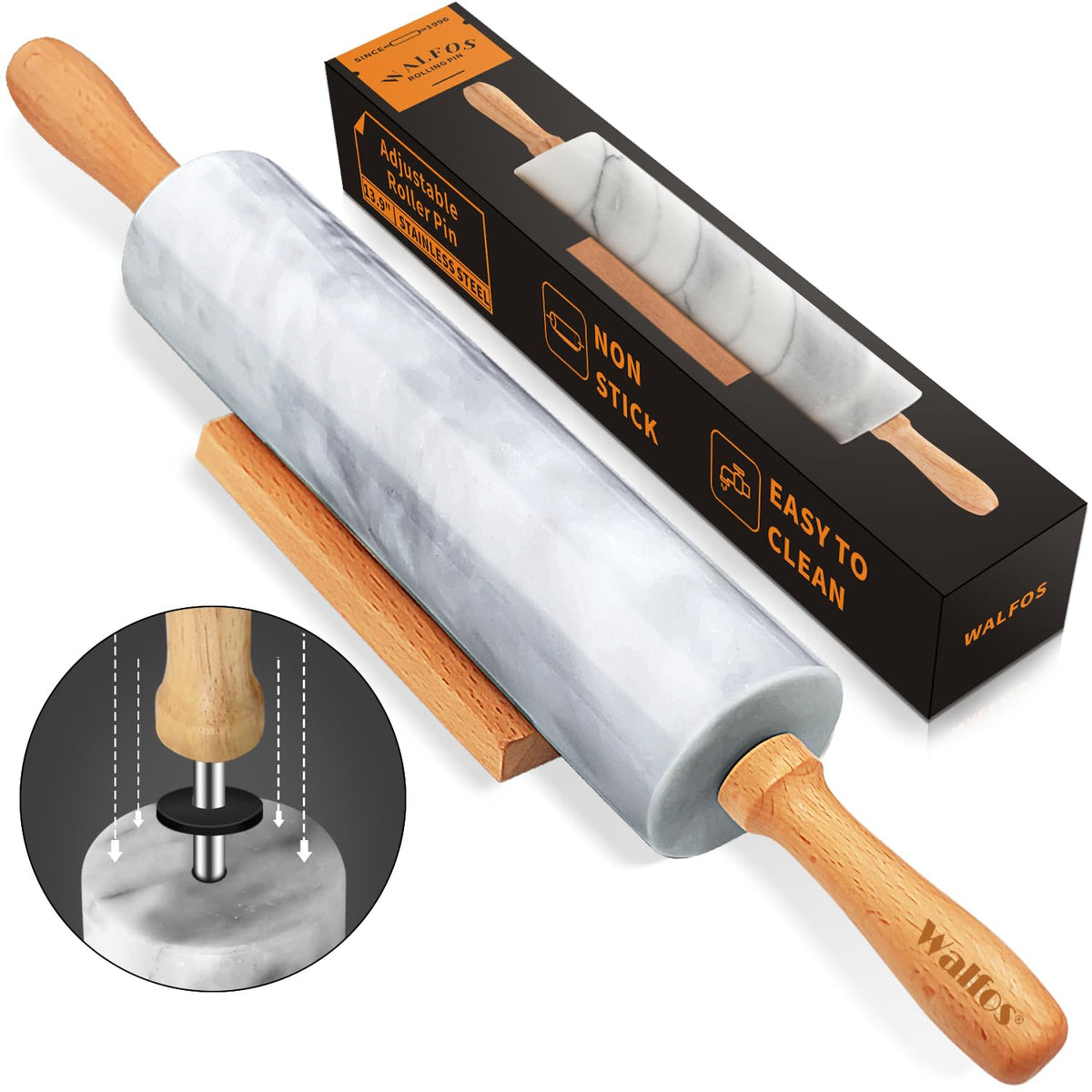 Walfos Marble Rolling Pin With Wooden Handles & Wood Cradle, 16.5 Inch