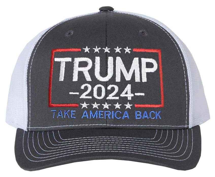 Tropic Hats Adult Embroidered Trump 2024 Take America Back 6 Panel Trucker Cap - Charcoal Gray/White