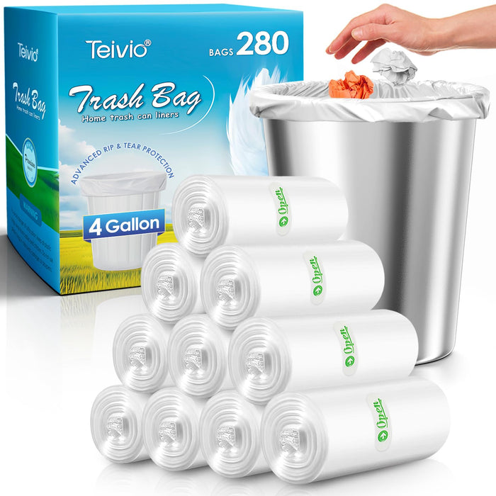 Teivio 4 Gallon 280 Counts Strong Clear Trash Bags Garbage Bags, Mini Waste Basket Liners,Bathroom Trash Can Bin Liners, Small Plastic Bags for Home Office Kitchen Car Bedroom Dog waste Baby Diaper