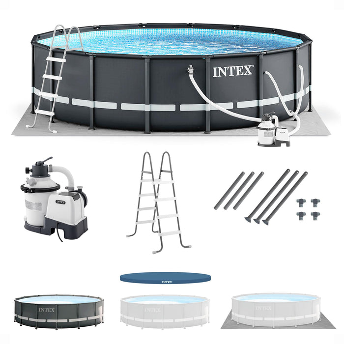 Intex Ultra XTR Frame 14' x 42" Round Above Ground Outdoor Swimming Pool Set with Sand Filter Pump, Ladder, Ground Cloth, and Pool Cover