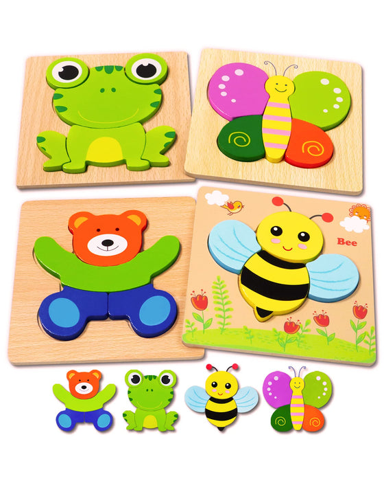 Bekayshad Wooden Puzzles Toddler Toys Gifts for 1 2 3 Year Old Boys Girls, 4 Pack Animal Jigsaw Puzzles Montessori Toys, Learning Educational Christmas Birthday Gifts for Girls Boys Ages 1-3