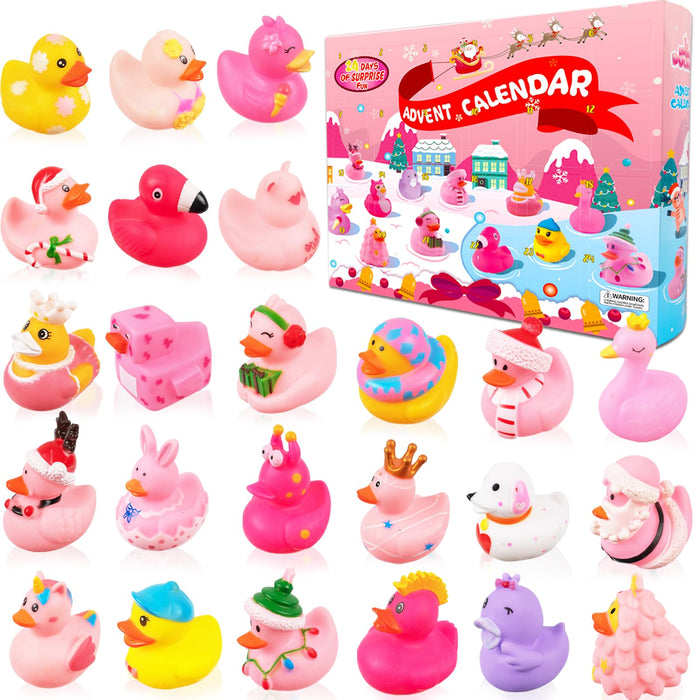 Pink Advent Calendar Christmas Ducks 2024 Kids - 24pcs Rubber Duck Advent Calendar 24 Days Christmas Countdown Toys Fun Duckies Bath Toys for Birthday Baby Shower Xmas Gifts Party Favors Kids Toddlers