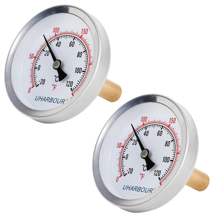 Uharbour 2-1/2" Dial Water Thermometer, Bi-Metal Temperature Gauge with 1-3/4" Lead-Free Brass Stem and 1/2" NPT Back Mount, Accuracy 2% Range 0-250°F / -20-120 °C（2pcs）