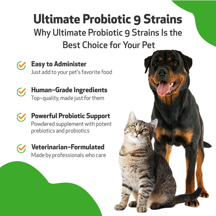 Pet Wellbeing - Ultimate Probiotic 9 Strains for Cats and Dogs - Natural Support for Digestion and Urinary Tract Health 160 Grams.