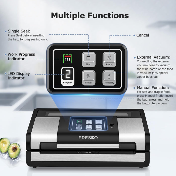 FRESKO Smart Vacuum Sealer Pro, Full Automatic Food Sealer Machine with Auto Dry/Moist Detection, Roll Bag and Built-in Cutter, Powerful Seal a Meal Sealer Machine for Food Stoarge and Saver