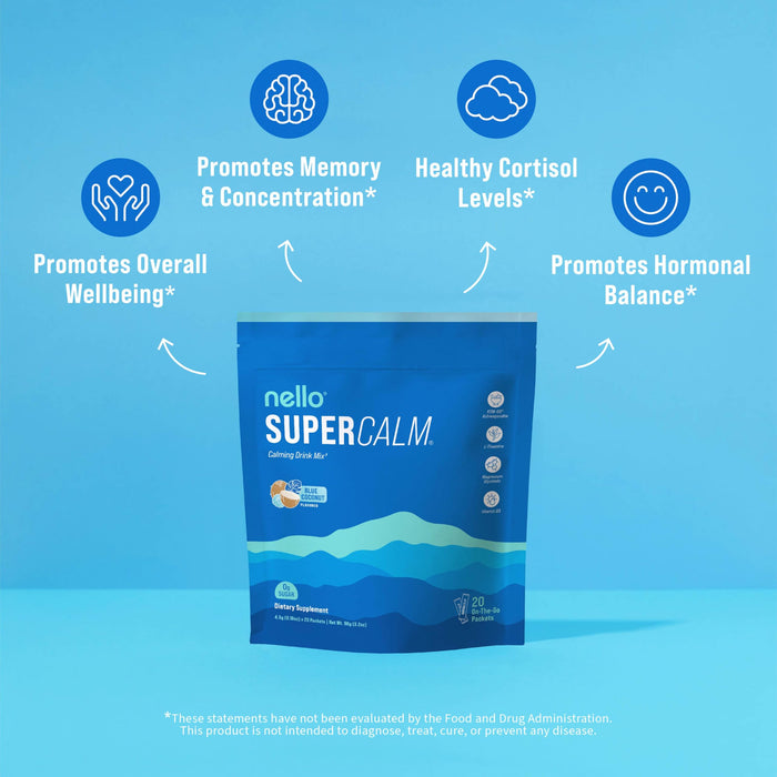 Nello Supercalm Powdered Drink Mix, Blue Coconut, L Theanine, Ksm-66 Ashwagandha, Magnesium Glycinate, Vitamin D 3, Supplements for Relaxation & Focus, No Sugar, Non GMO, Vegan, On The Go, 20 Srvgs