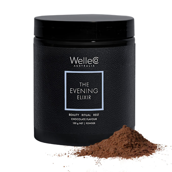 WelleCo The Evening Elixir Skin Care Vitamin C Hot Chocolate Beauty Drink Mix with Niacin, Lemon Balm, and Magnesium for Sleep, Collagen Formation, Gluten Free, Vegan, Dairy Free, 150g (5.3oz) Jar