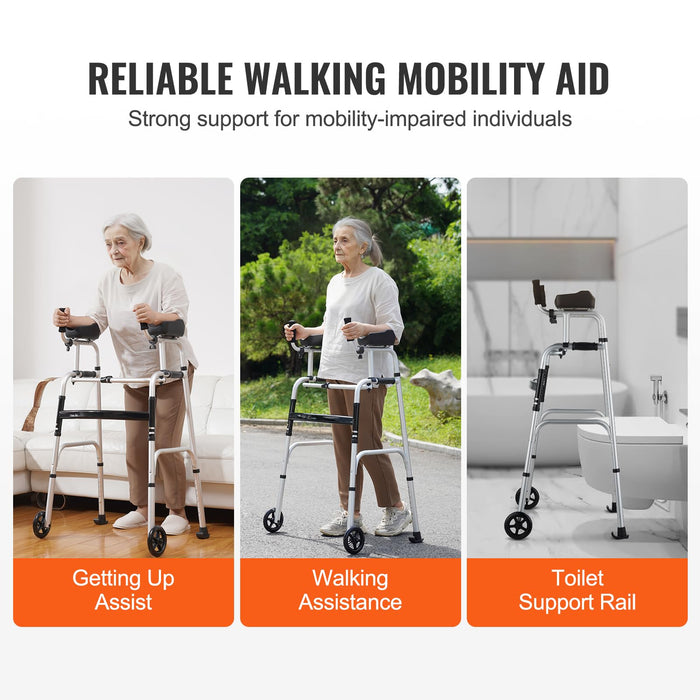 VEVOR 2 in 1 Folding Walker & Removable Armrests, Height Adjustable Foldable Walker with 5" Solid Wheels, Lightweight Aluminum | Front Wheeled Mobility Aid for Elderly Handicapped Disabled, 450 Pounds